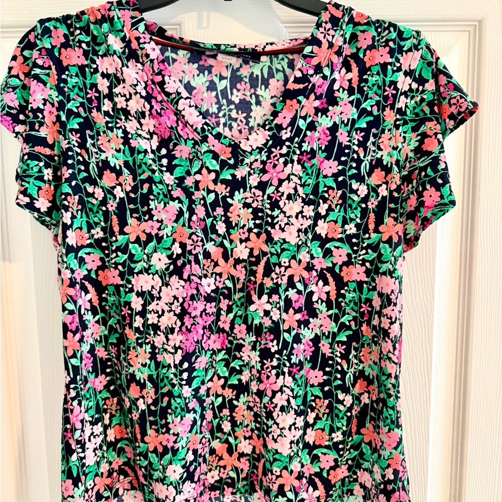 Tommy Hilfiger Black Floral V-Neck Short Sleeve Top - Pink & Green